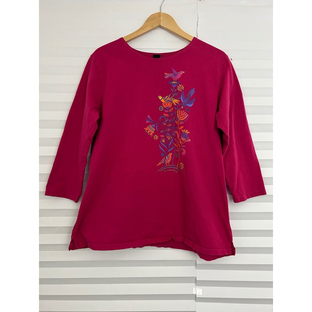 Sabaku Artwear Womens Magenta Pink Bird Floral Graphic Cotton Top Large USA